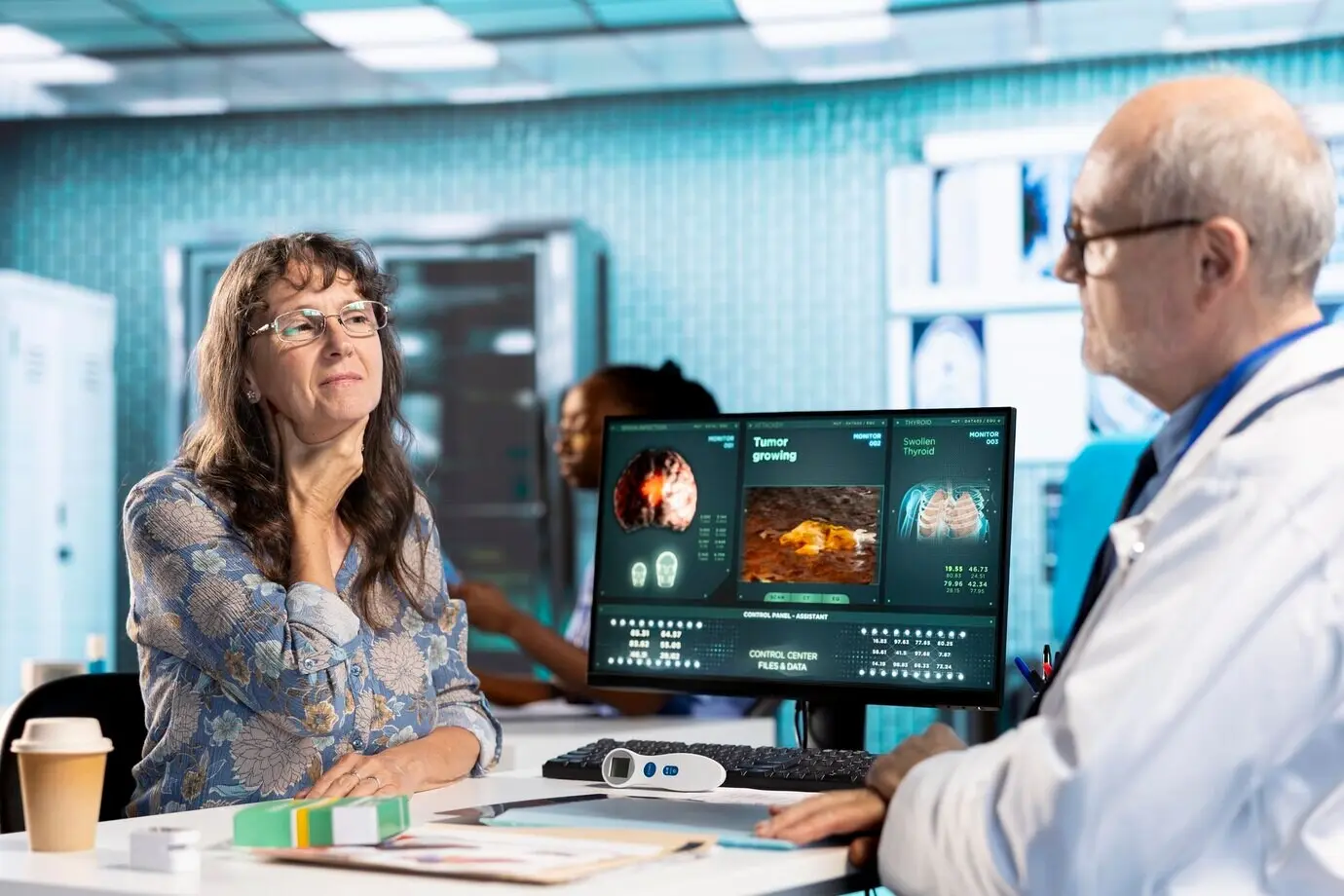 Пожилая клиентка, страдающая от боли в горле и воспаления.