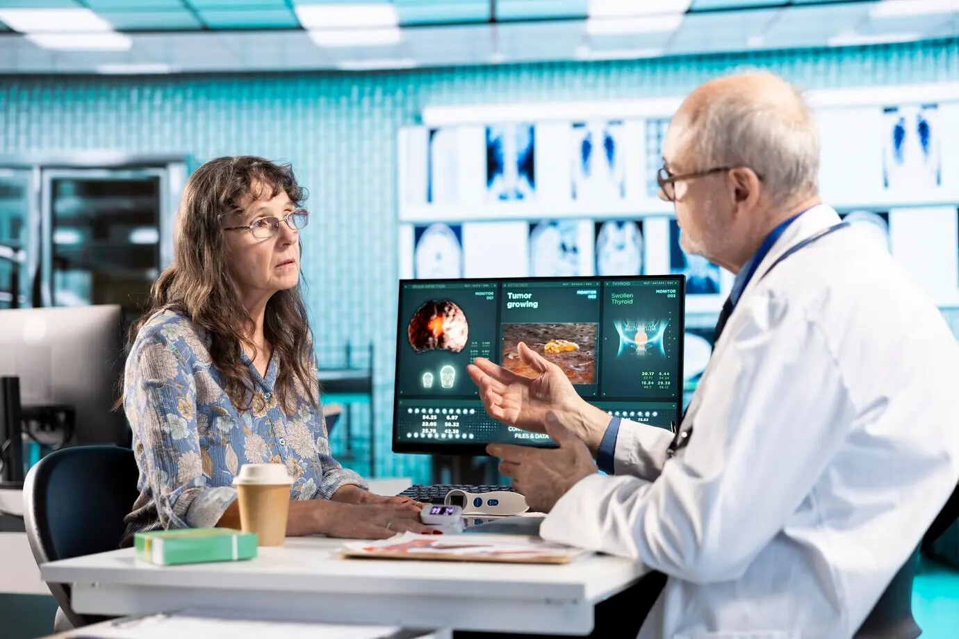 Медицинский эксперт использует профессиональный инструмент для измерения уровня насыщения кислородом.