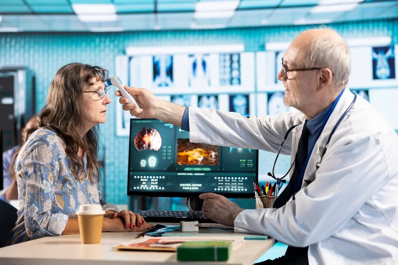 Пожилой врач консультирует женщину, измеряя ей температуру во время осмотра.